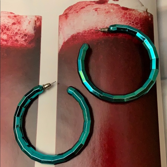 Aqua Retro Metallic Hoop Earrings - Picture 5 of 5